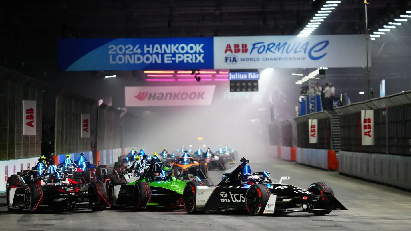 Formula E cars racing at the London E-Prix